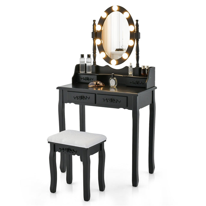 Vanity Table Set with Lighted Rotatable Mirror, Dressing Table with 3-Color Lights & Adjustable Brightness