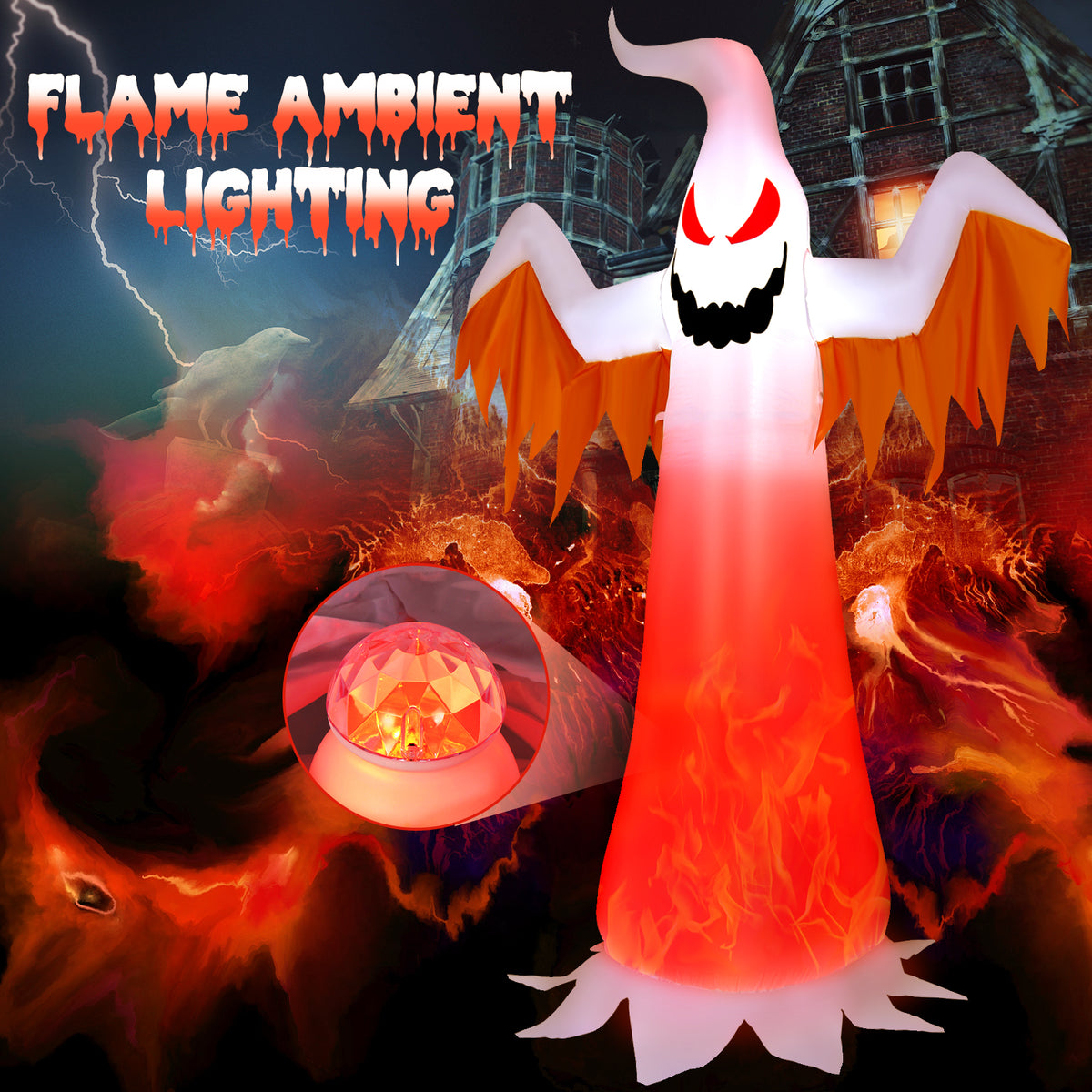 6FT Halloween Inflatable Scary Spooky Ghost, Blow Up Yard Decoration with Built-in Flame Light and Waterproof Blower