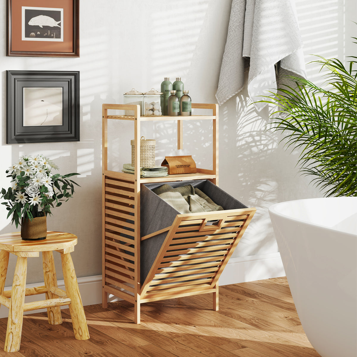 Tilt-out Laundry Hamper with 2-Tier Shelves, Bamboo Laundry Baskets Organizer with Removable & Foldable Fabric Liner
