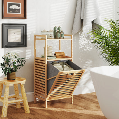 Tilt-out Laundry Hamper with 2-Tier Shelves, Bamboo Laundry Baskets Organizer with Removable & Foldable Fabric Liner