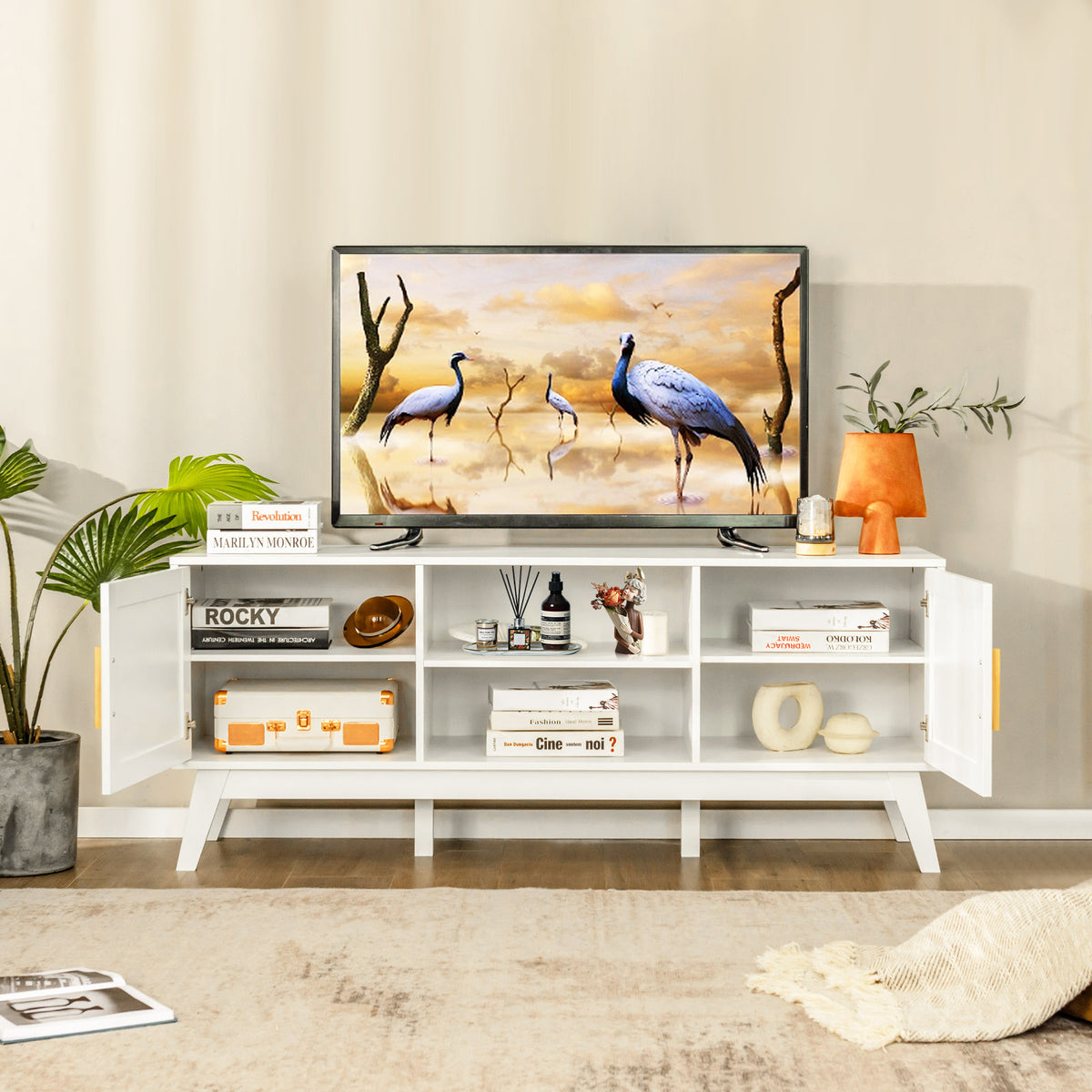 Rattan TV Stand for TVs up to 65 Inch, Modern Entertainment Center with Storage Cabinet