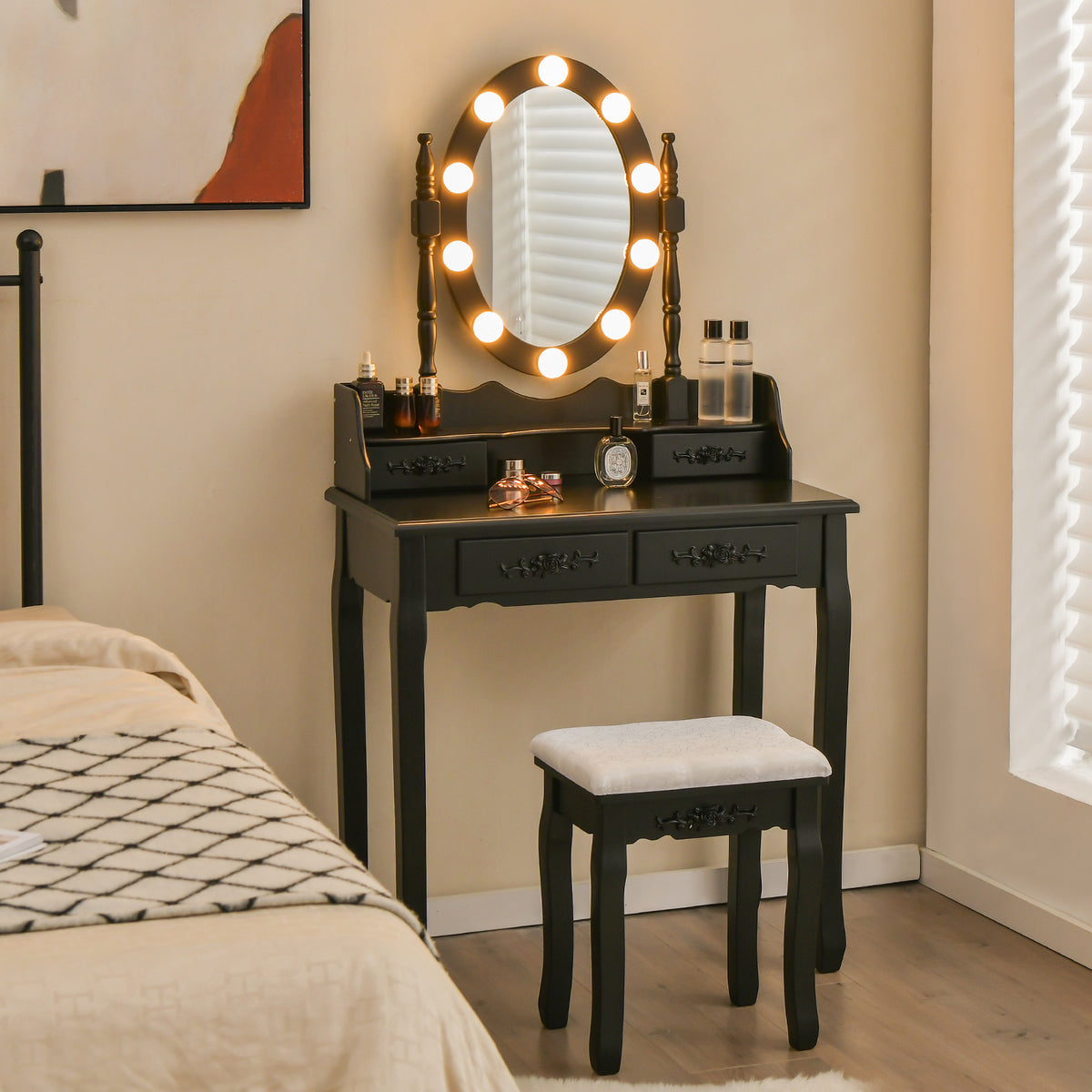 Vanity Table Set with Lighted Rotatable Mirror, Dressing Table with 3-Color Lights & Adjustable Brightness