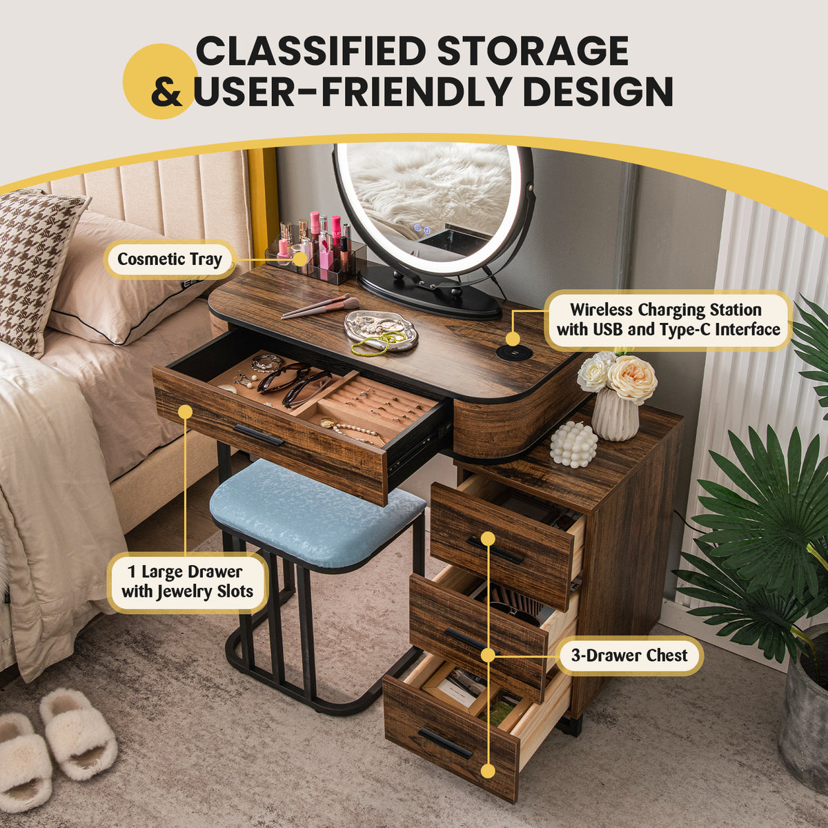 Vanity Table Set with 3-Color Lighted Swivel Touch Screen Mirror, Dressing Table Set with Human Body Induction