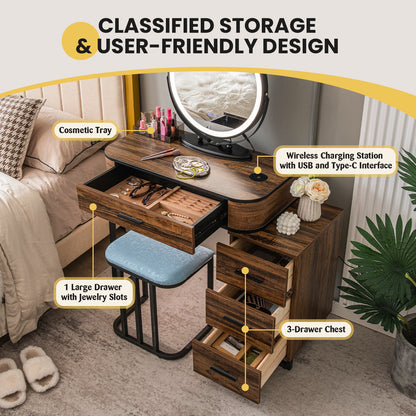 Vanity Table Set with 3-Color Lighted Swivel Touch Screen Mirror, Dressing Table Set with Human Body Induction