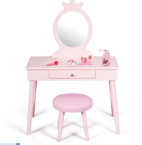 Kids Vanity Set, Princess Dressing Table Set, Wooden Dresser, Little Girls Makeup Table and Stool Set