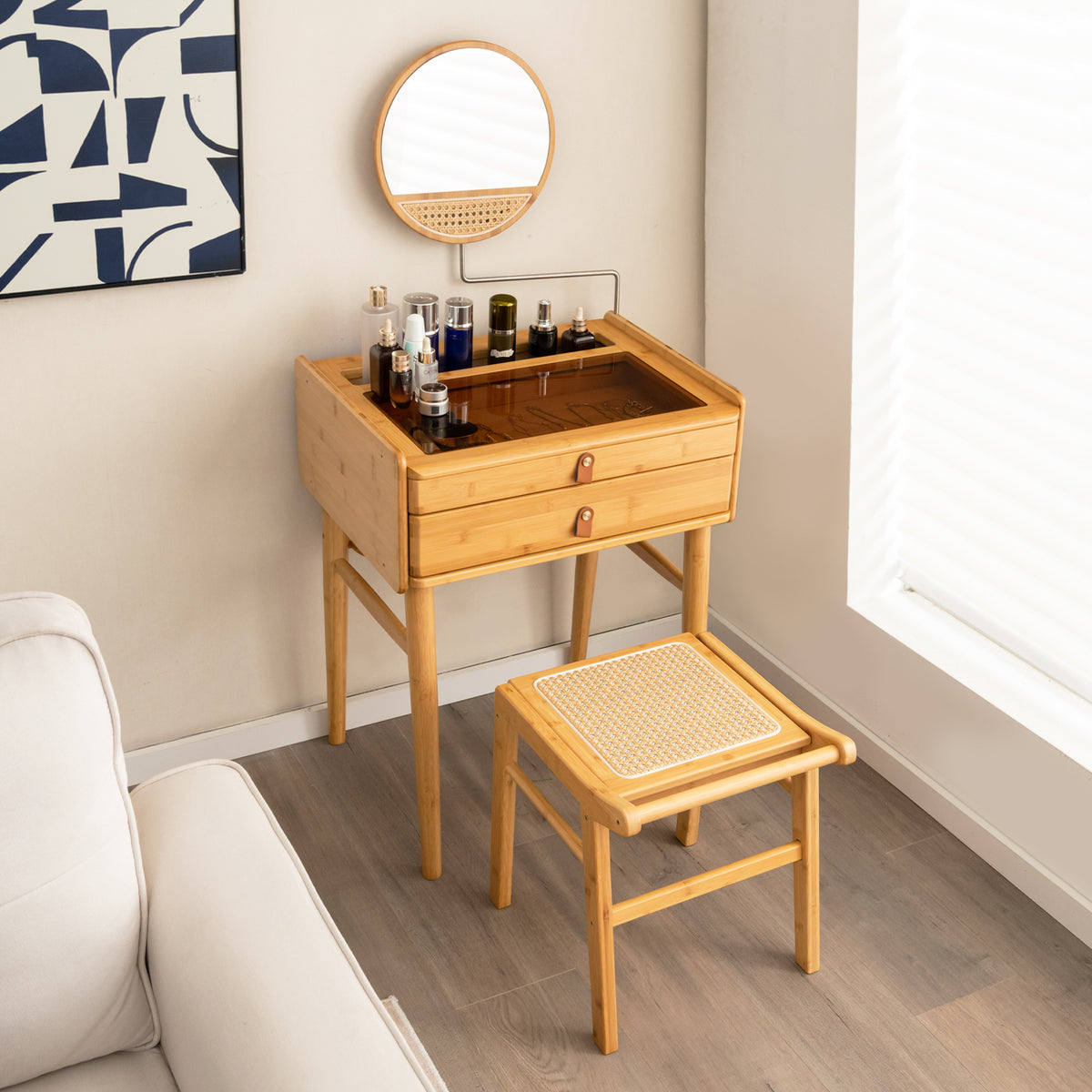 Makeup Vanity Table with Mirror, Bamboo Dressing Table with 2 Storage Drawers and Tempered Glass Table Top