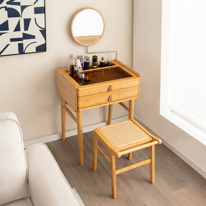 Makeup Vanity Table with Mirror, Bamboo Dressing Table with 2 Storage Drawers and Tempered Glass Table Top