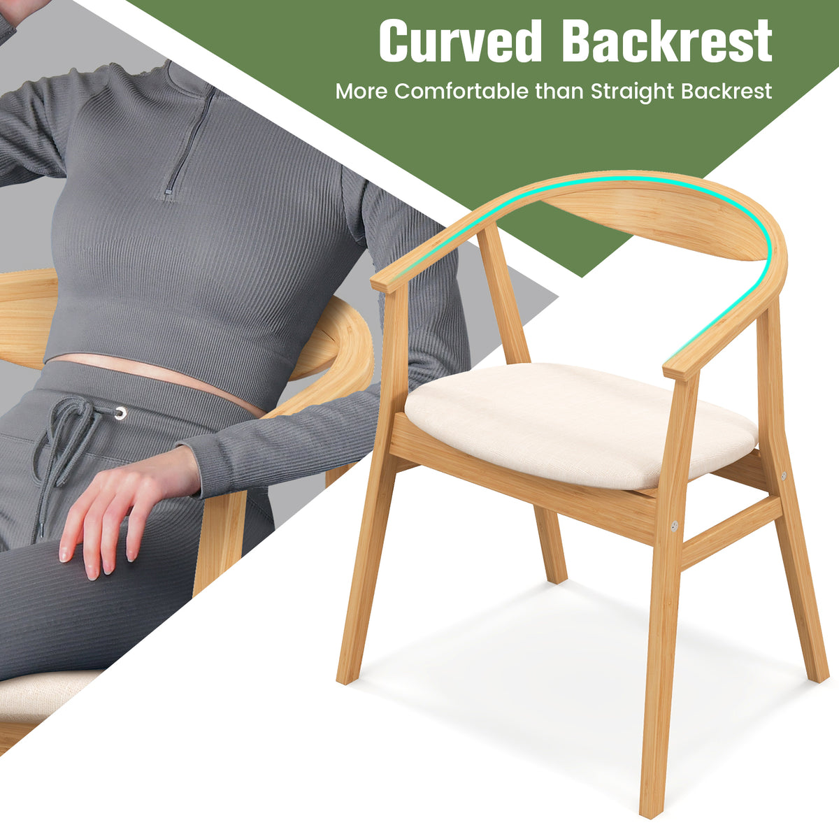 Bamboo Accent Chair, Mid-Century Modern Armchair with Padded Seat, Curved Backrest and Wrap-Around Armrest