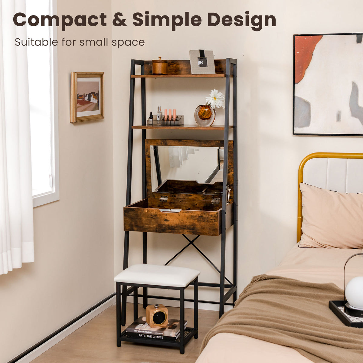 Vanity Table Set with Flip Top Mirror, Ladder Vanity Desk and Cushioned Stool Set with Shelves and Hidden Storage Compartments