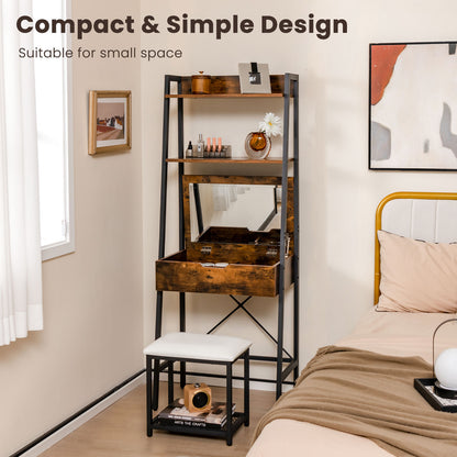 Vanity Table Set with Flip Top Mirror, Ladder Vanity Desk and Cushioned Stool Set with Shelves and Hidden Storage Compartments