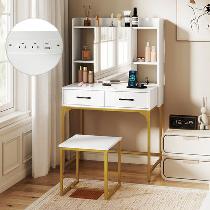 Vanity Desk Set with Charging Station, Modern Dressing Table with Mirror Cabinet