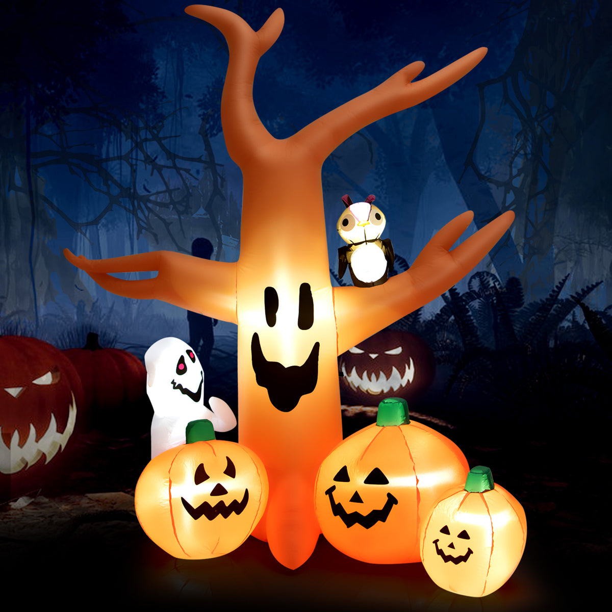 8 FT Halloween Inflatable Dead Tree with Pumpkins, Ghost and Owl, Blow up Yard Scary Tree with Bright LED Lights