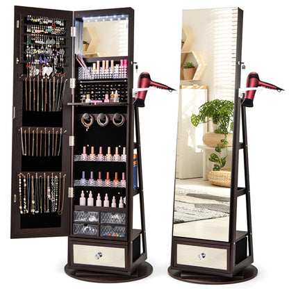 360 Rotating Jewelry Cabinet with Full Length Mirror, Standing LED Jewelry Armoire