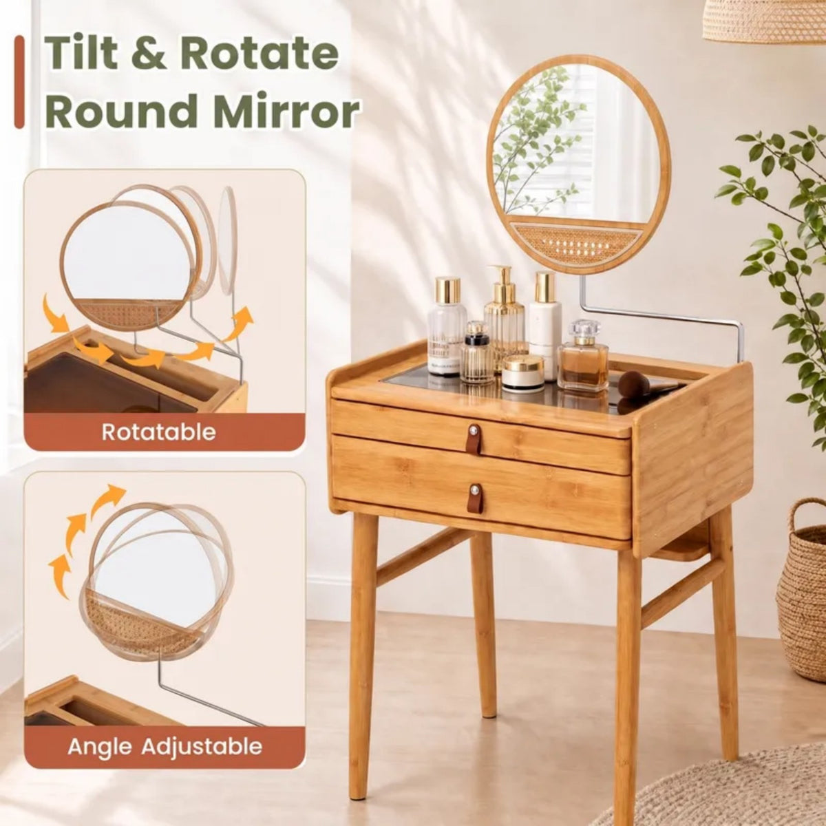 Makeup Vanity Table with Mirror, Bamboo Dressing Table with 2 Storage Drawers and Tempered Glass Table Top