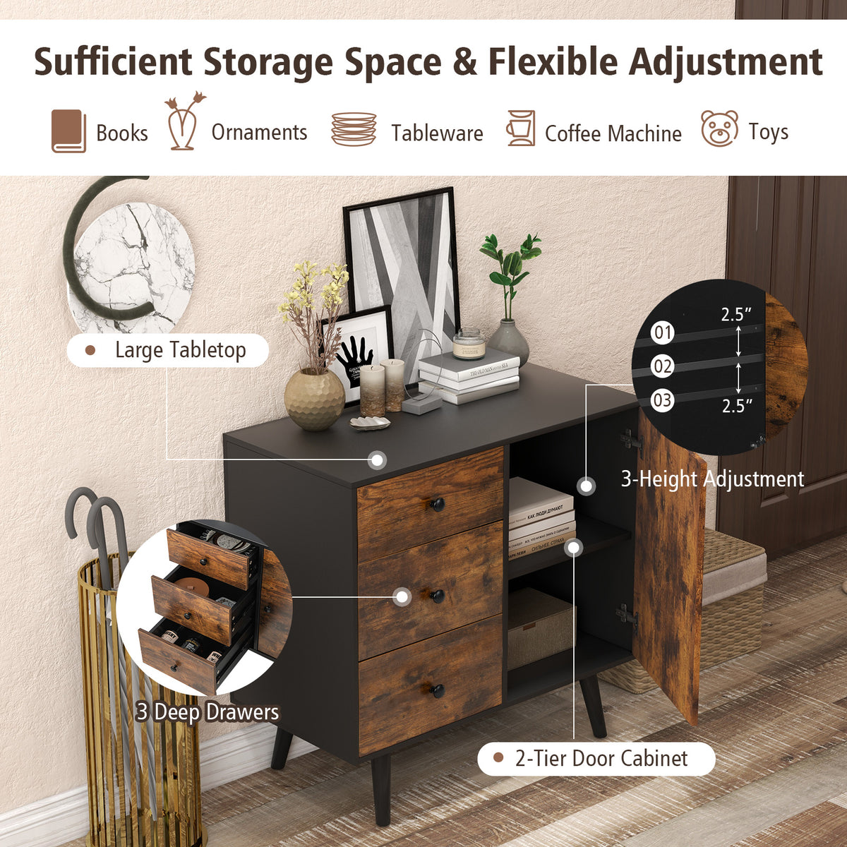Storage Cabinet with Door & 3 Drawers, Mid-Century Floor Cabinet with Adjustable Shelf