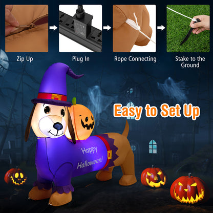 5FT Long Halloween Inflatable Dachshund, Blow Up Wiener Dog with Pumpkin & Witch Hat
