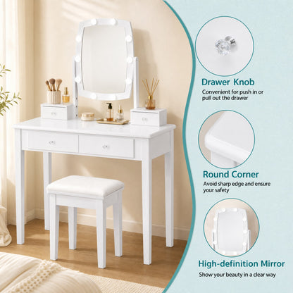 Vanity Table Set with Rotatable Lighted Mirror, 2-in-1 Makeup Table Writing Desk with 3-Color Dimmable LED Lights
