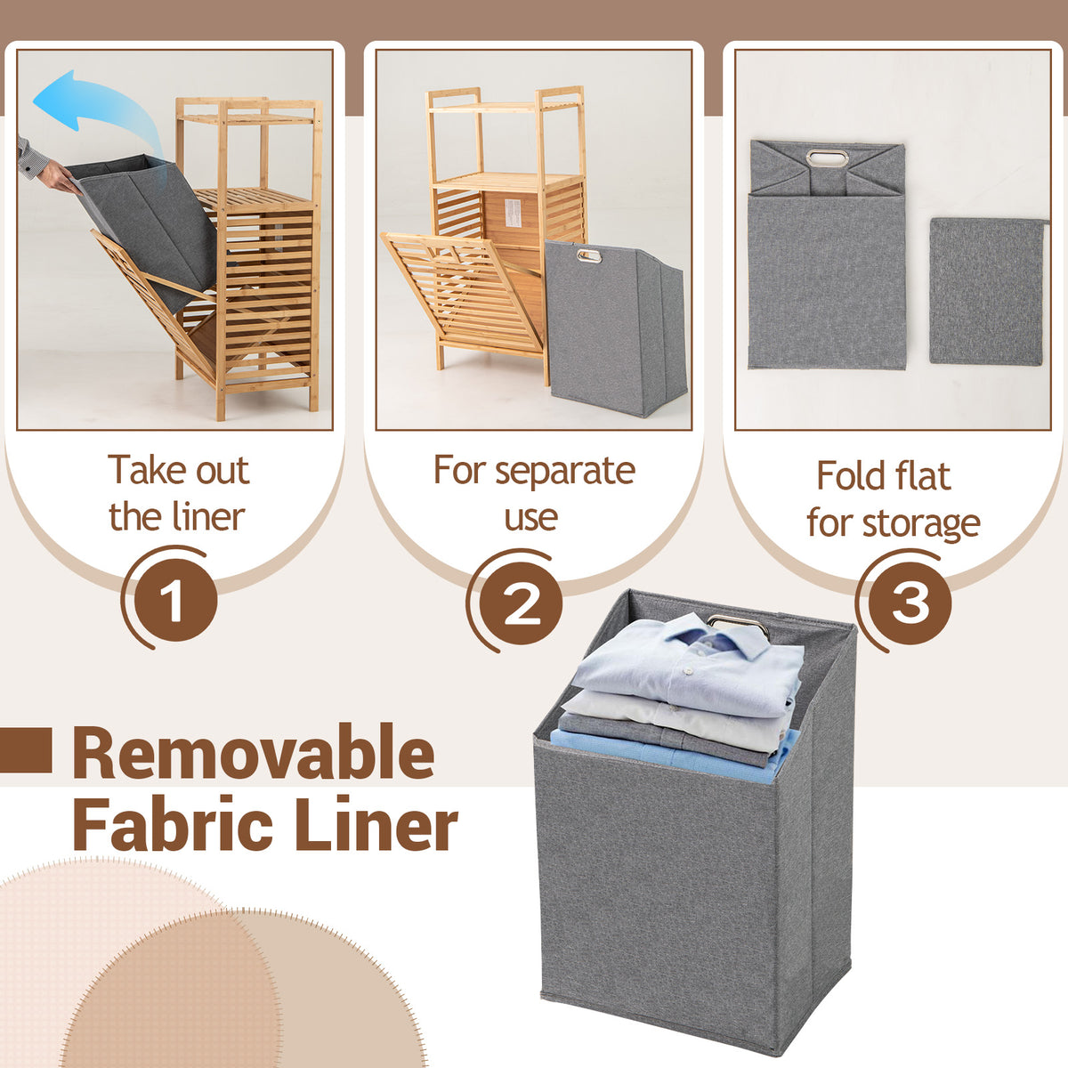 Tilt-out Laundry Hamper with 2-Tier Shelves, Bamboo Laundry Baskets Organizer with Removable & Foldable Fabric Liner