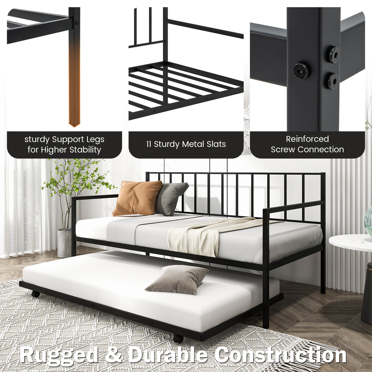 Daybed with Trundle Twin Size, Space-Saving Sofa Bed Frame with Rolling Pull-Out Bed