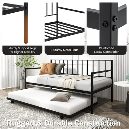 Daybed with Trundle Twin Size, Space-Saving Sofa Bed Frame with Rolling Pull-Out Bed