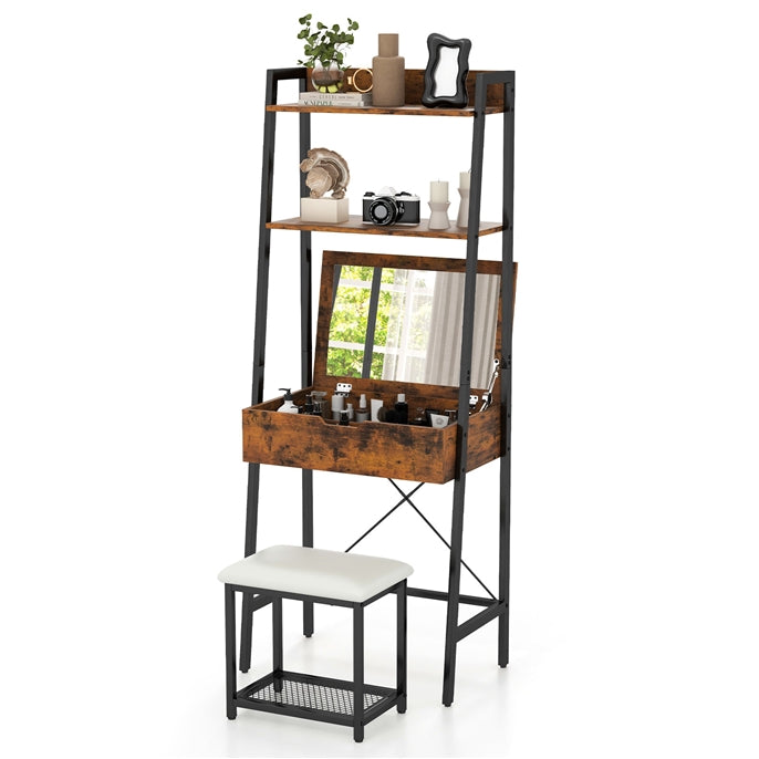 Vanity Table Set with Flip Top Mirror, Ladder Vanity Desk and Cushioned Stool Set with Shelves and Hidden Storage Compartments