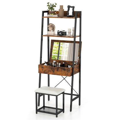 Vanity Table Set with Flip Top Mirror, Ladder Vanity Desk and Cushioned Stool Set with Shelves and Hidden Storage Compartments