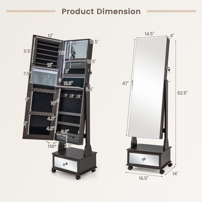 Standing Jewelry Cabinet Armoire with Wheels, Lockable Jewelry Storage Organizer with Full Length Mirror