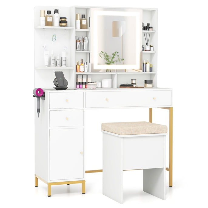 Makeup Vanity Set with Mirror and Lights, White Makeup Desk and Chair Set with Charging Station