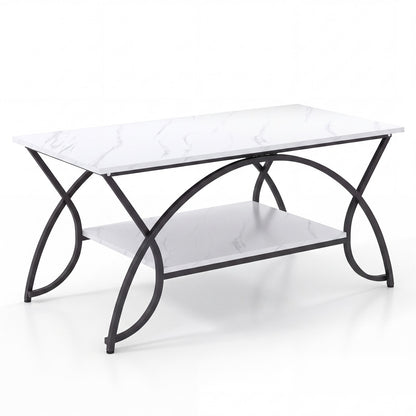 Industrial Coffee Table, 2-Tier Rectangular Center Table with Storage Shelf