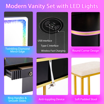 RGB Vanity Table Set with Mirror and Lights, Makeup Vanity Desk with Dimmable LED Lights