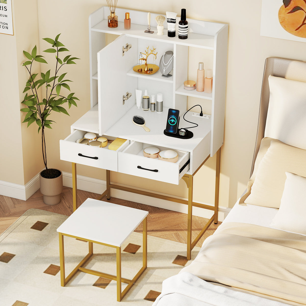 Vanity Desk Set with Charging Station, Modern Dressing Table with Mirror Cabinet