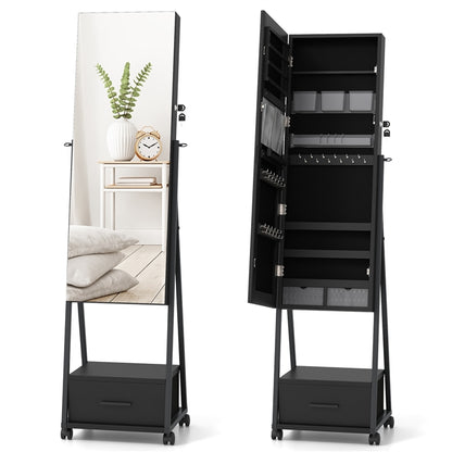 Rolling Jewelry Armoire Cabinet, Full Length Mirror with Storage, Floor Standing Lockable Jewelry Cabinet with Wheels