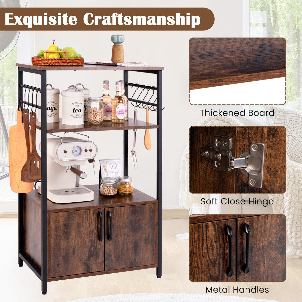 Kitchen Baker's Rack with Cabinet, 3-Tier Pantry Cabinet with 2 Open Shelves