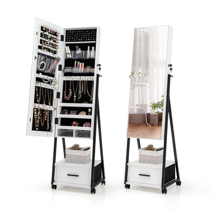 Rolling Jewelry Armoire Cabinet, Full Length Mirror with Storage, Floor Standing Lockable Jewelry Cabinet with Wheels