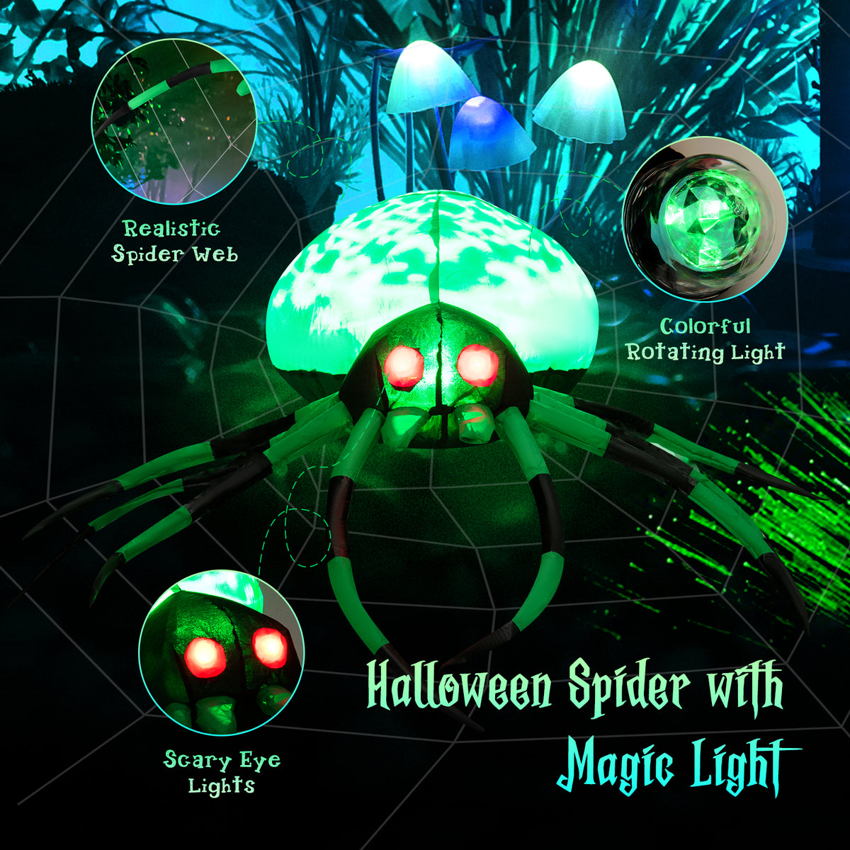Halloween Inflatable Spider with Web, 5FT Blow Up Yard Decoration with Colorful Magic Light