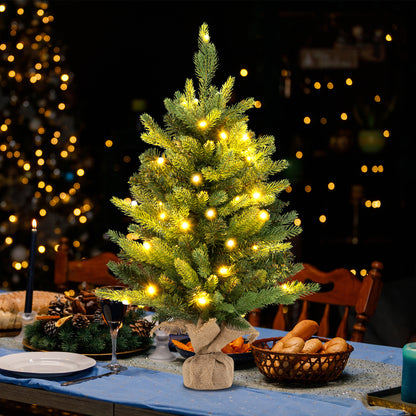 2FT Pre-Lit Artificial Mini Christmas Tree, Small Tabletop Xmas Fir Tree with 234 Branch Tips