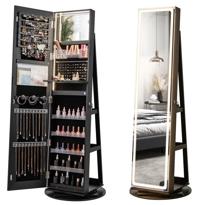 360° Swivel Jewelry Cabinet Armoire with Full Length Mirror, Standing Jewelry Storage Organizer with Rear Storage Shelves