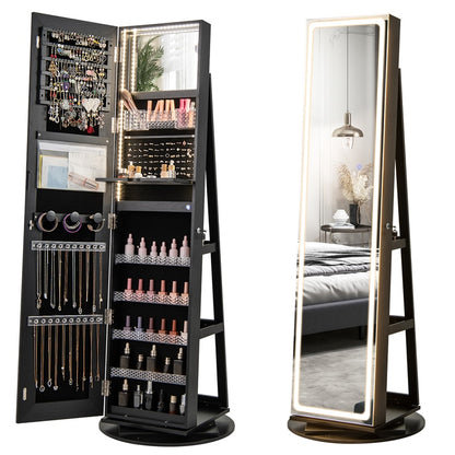360° Swivel Jewelry Cabinet Armoire with Full Length Mirror, Standing Jewelry Storage Organizer with Rear Storage Shelves