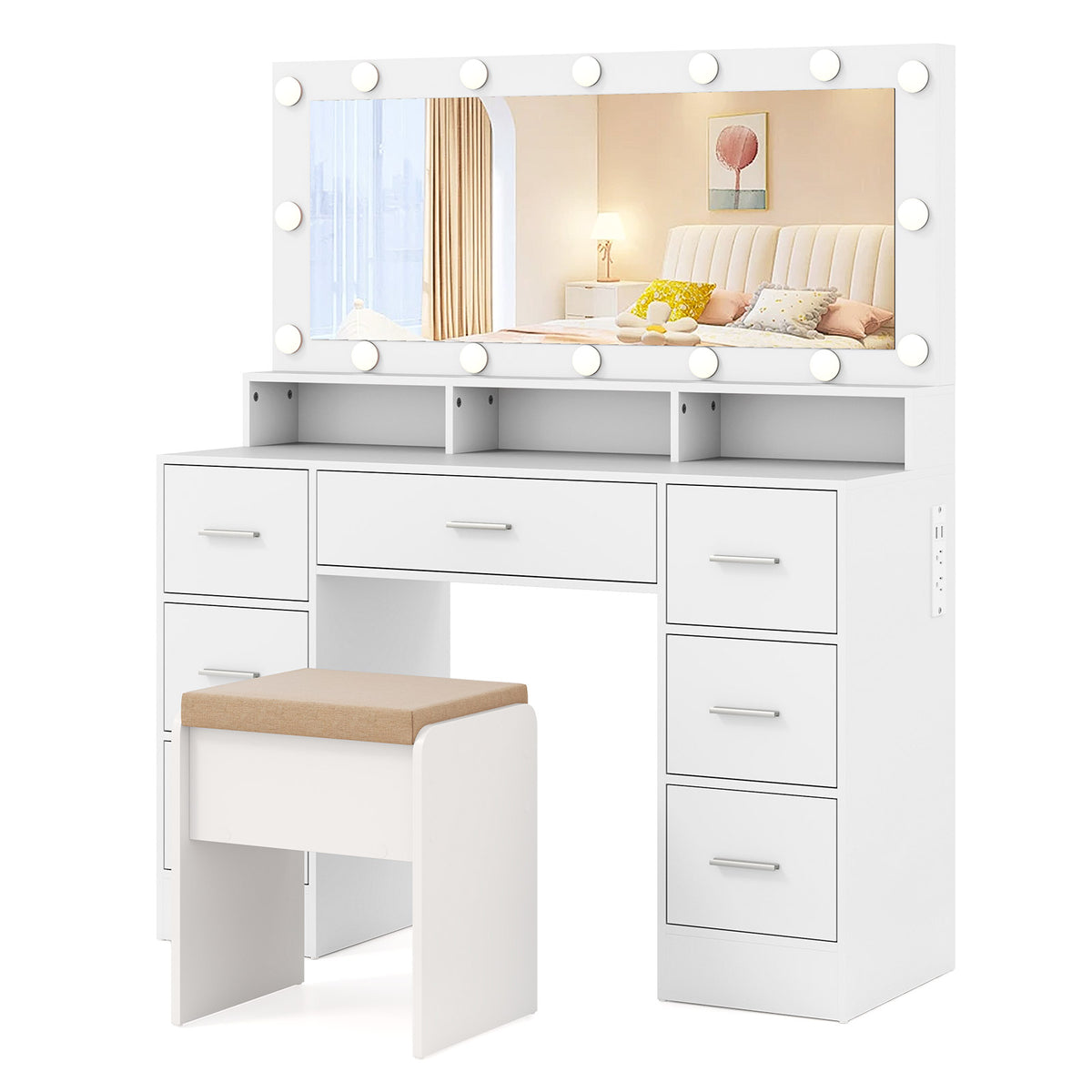 Makeup Vanity Set with Mirror and Lights, Large Dressing Table Set with Charging Station