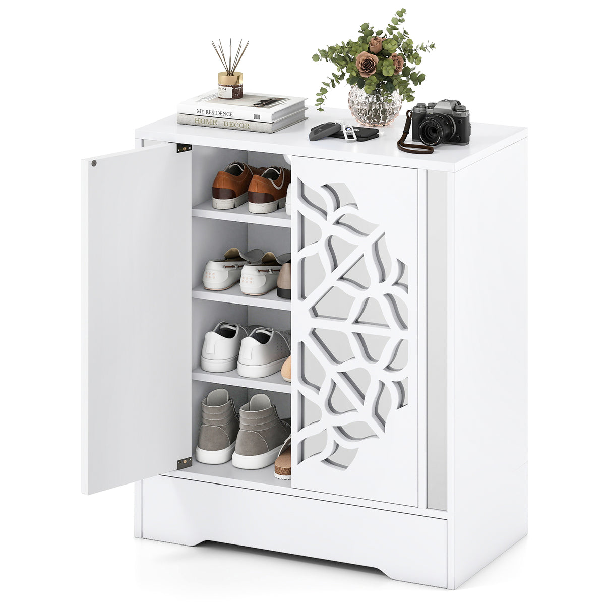 Shoe Storage Cabinet, 4-Tier Mirrored Shoe Cabinet with Doors and Bottom Drawer