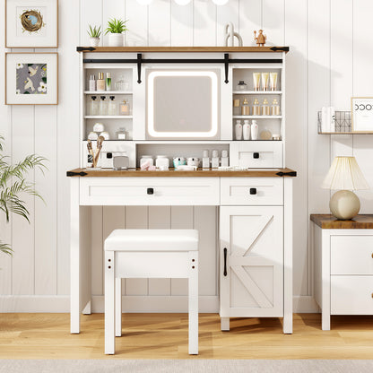 Farmhouse Vanity Desk with Sliding Mirror and Lights, Makeup Vanity Desk Set with Glass Desktop