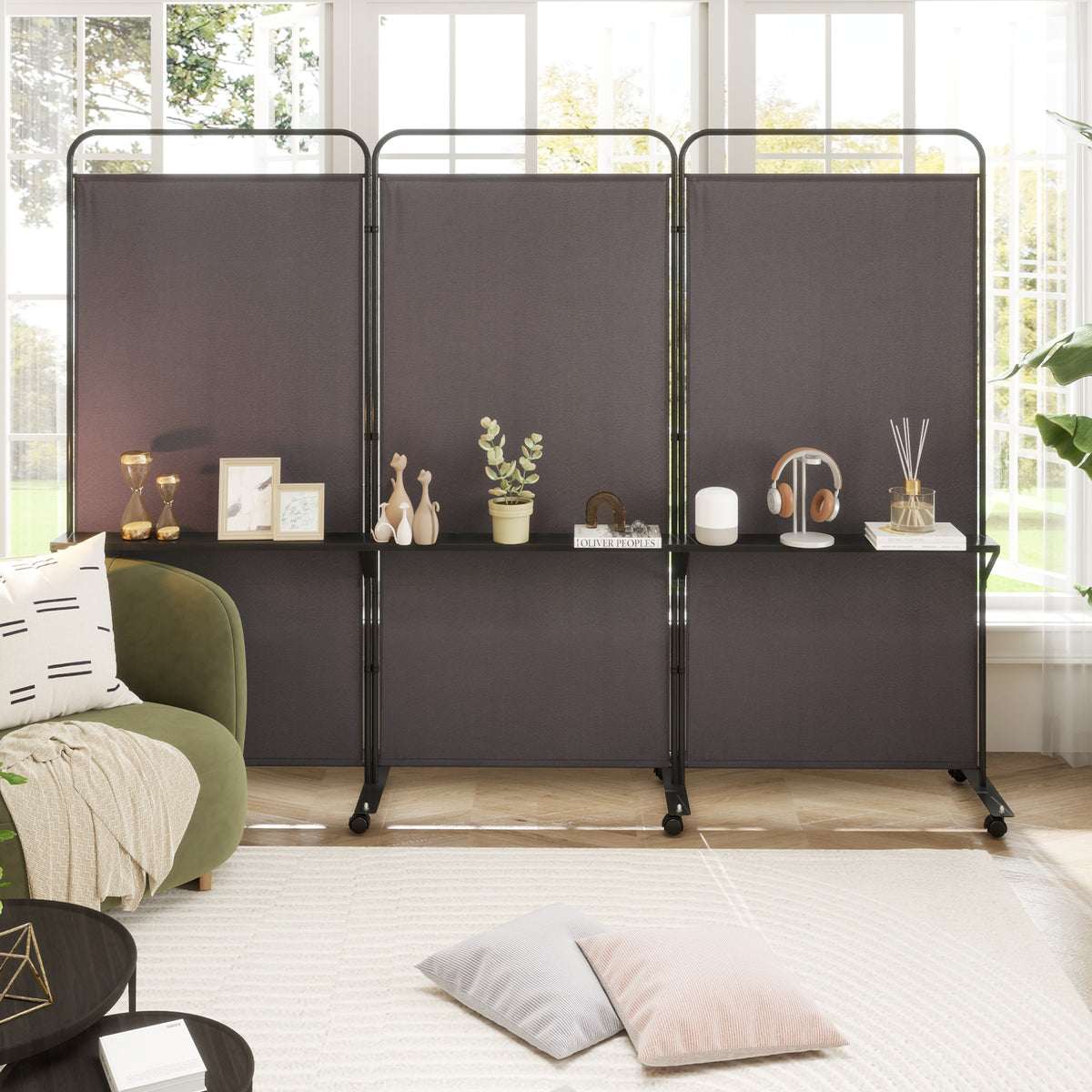 3 Panel Room Divider with Storage Shelves, 6FT Folding Privacy Screen with Lockable Wheels