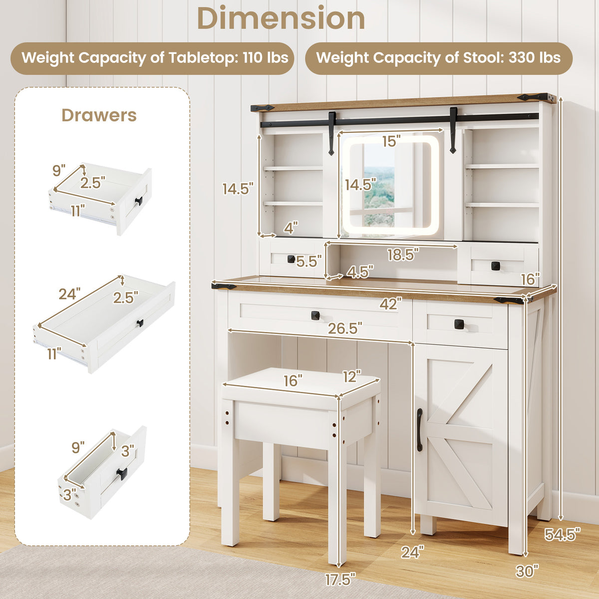 Farmhouse Vanity Desk with Sliding Mirror and Lights, Makeup Vanity Desk Set with Glass Desktop
