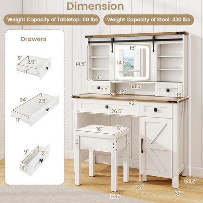 Farmhouse Vanity Desk with Sliding Mirror and Lights, Makeup Vanity Desk Set with Glass Desktop