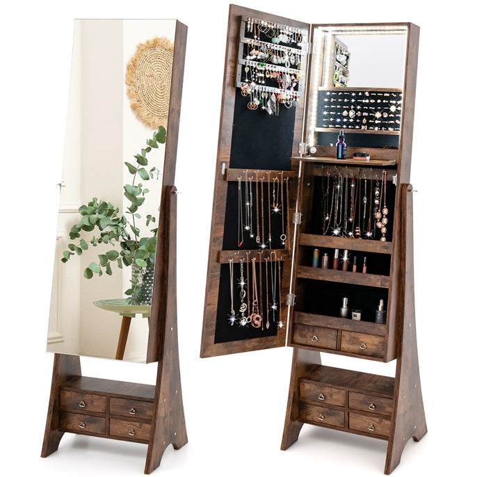Jewelry Cabinet Freestanding, LED Lighted Jewelry Armoire with Full-length Frameless Mirror