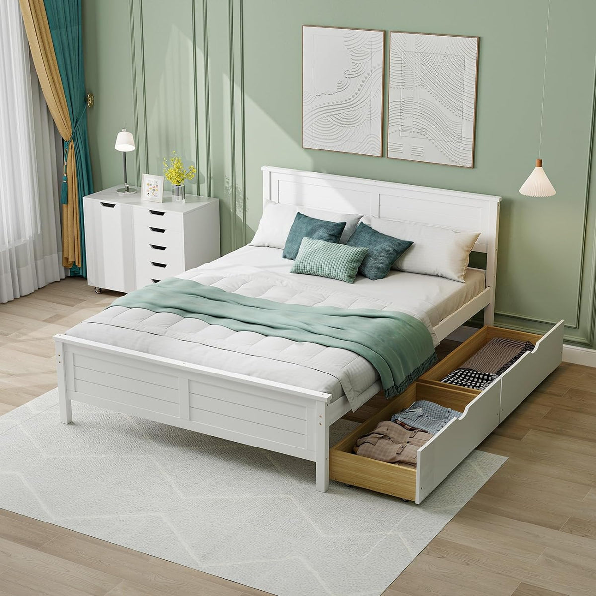 Goflame Wood Full Size Bed Frame with 2 Storage Drawers, Solid Wood Platform Bed with Headboard