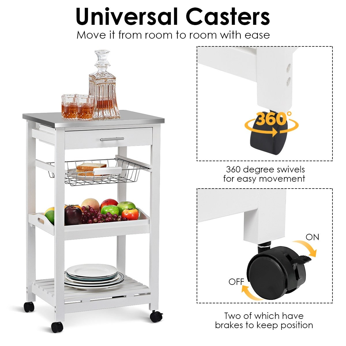 Goflame Kitchen Island Cart Rolling Kitchen Trolley with Stainless Steel Tabletop