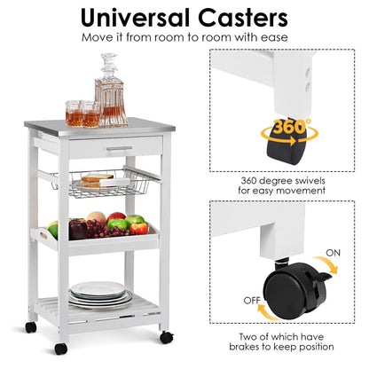 Goflame Kitchen Island Cart Rolling Kitchen Trolley with Stainless Steel Tabletop