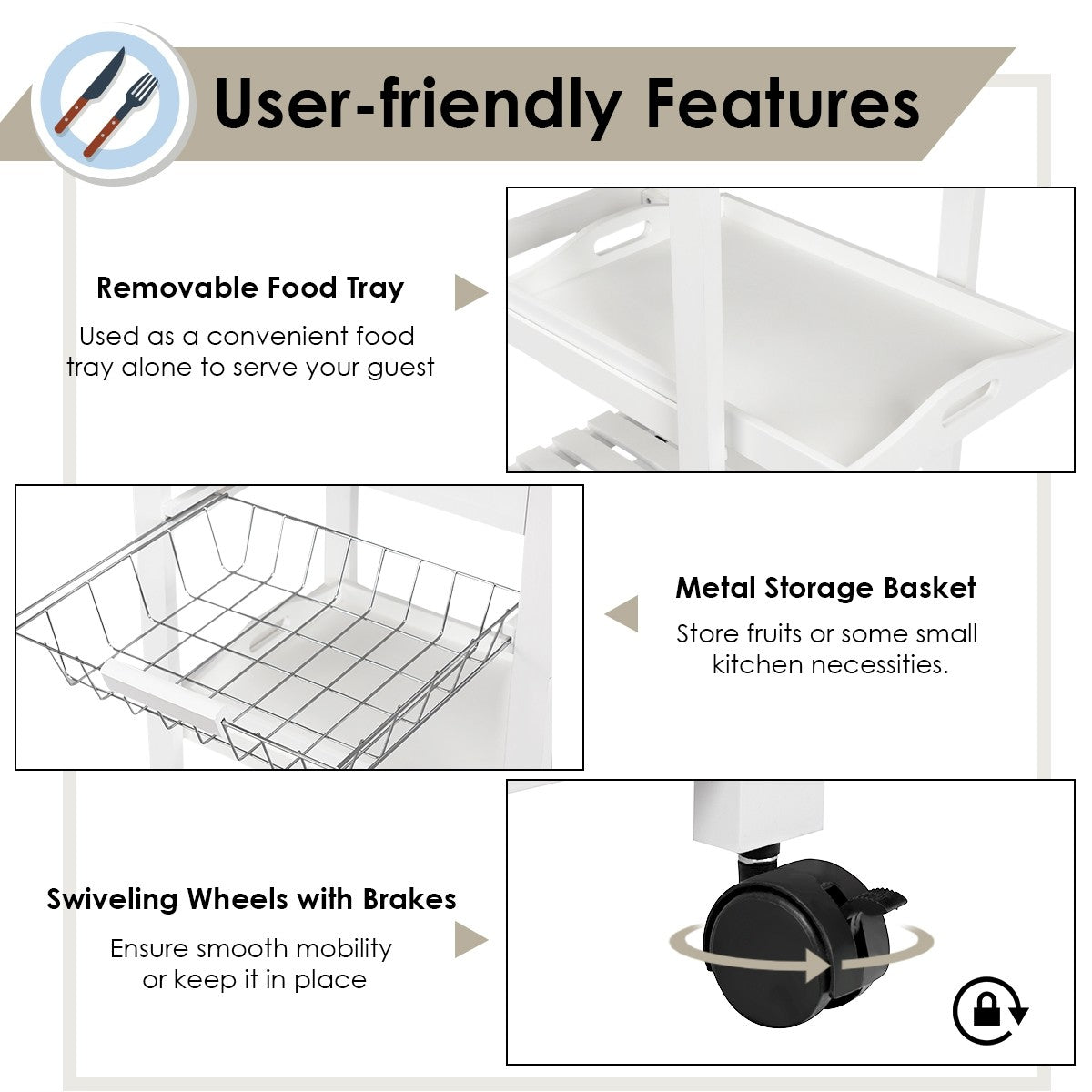 Goflame Kitchen Island Cart Rolling Kitchen Trolley with Stainless Steel Tabletop