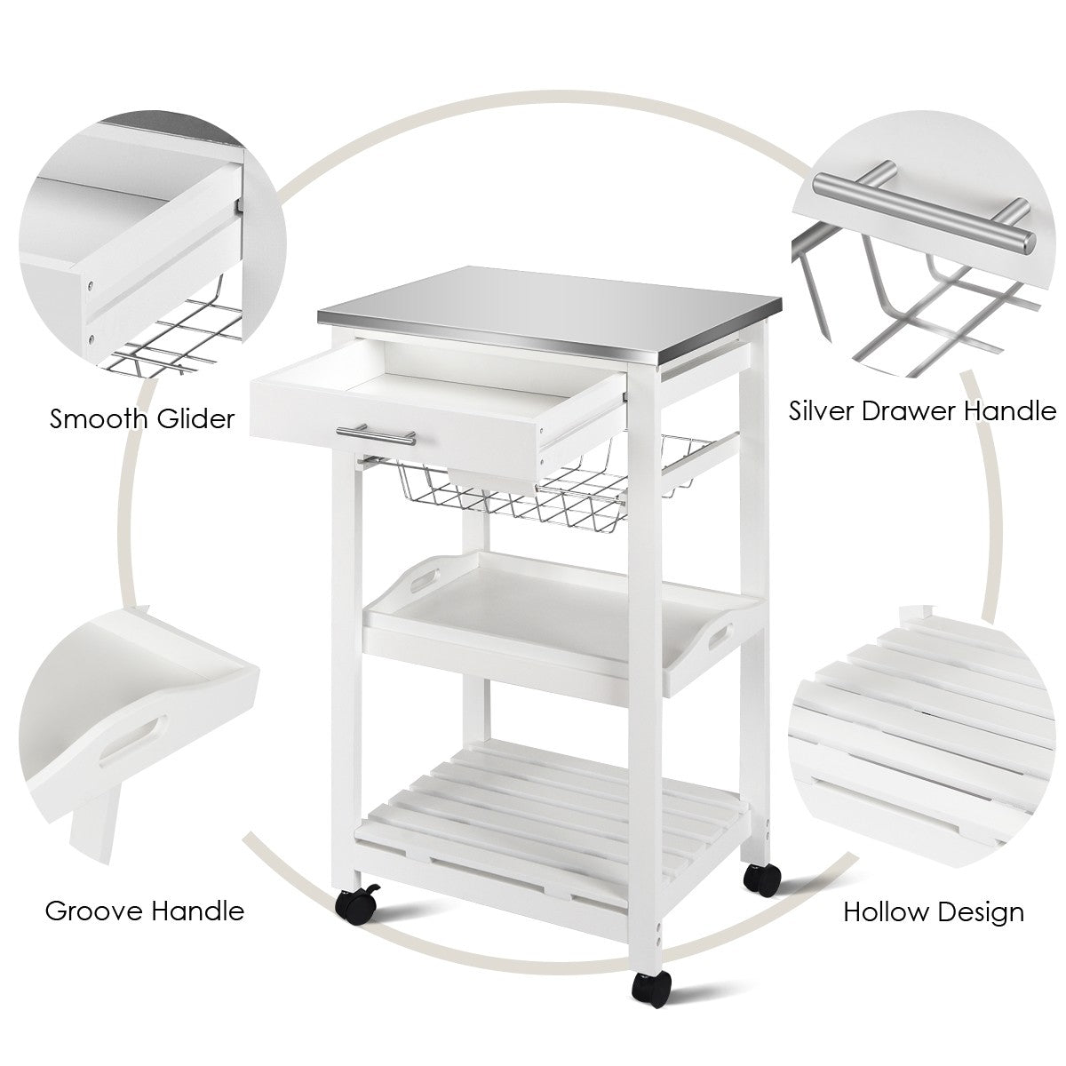Goflame Kitchen Island Cart Rolling Kitchen Trolley with Stainless Steel Tabletop